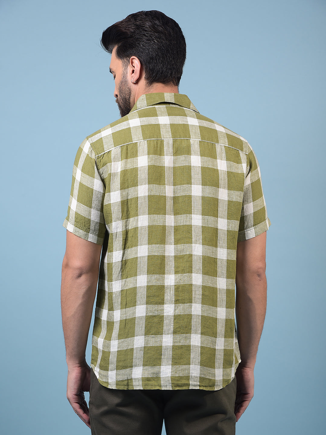 Men's Olive Checked 100% Linen Shirt-Men Shirts-Crimsoune Club