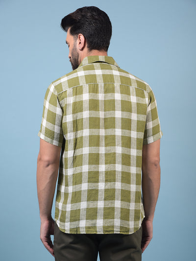 Men's Olive Checked 100% Linen Shirt-Men Shirts-Crimsoune Club
