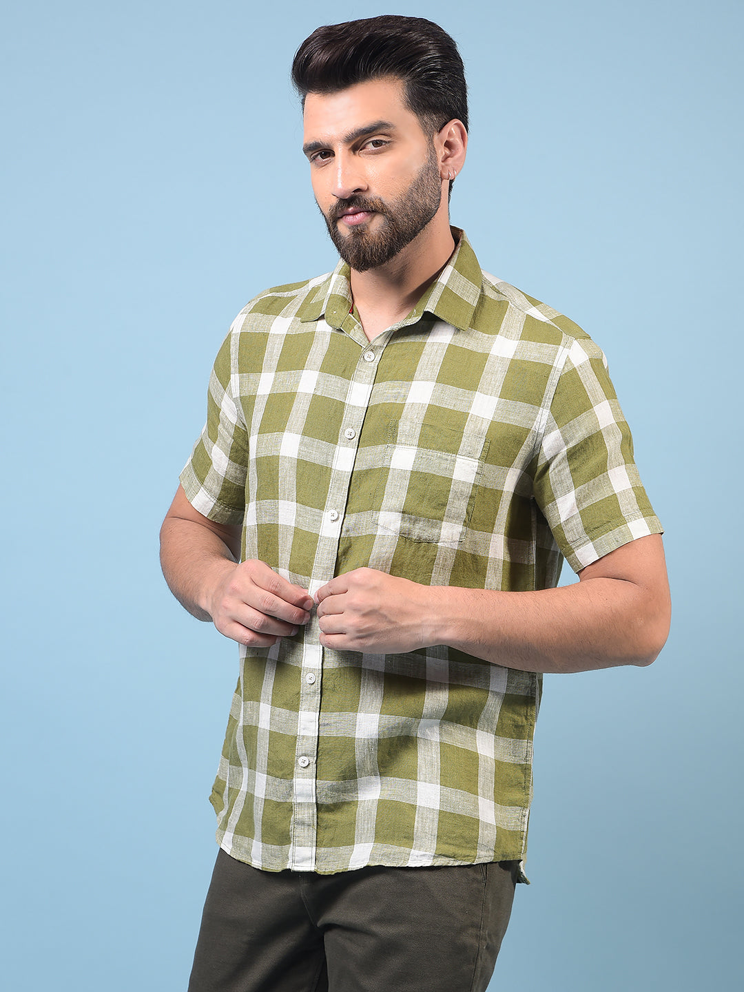 Men's Olive Checked 100% Linen Shirt-Men Shirts-Crimsoune Club