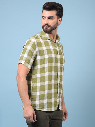 Men's Olive Checked 100% Linen Shirt-Men Shirts-Crimsoune Club
