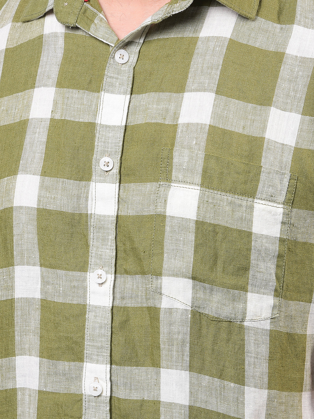 Men's Olive Checked 100% Linen Shirt-Men Shirts-Crimsoune Club