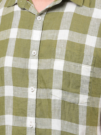 Men's Olive Checked 100% Linen Shirt-Men Shirts-Crimsoune Club