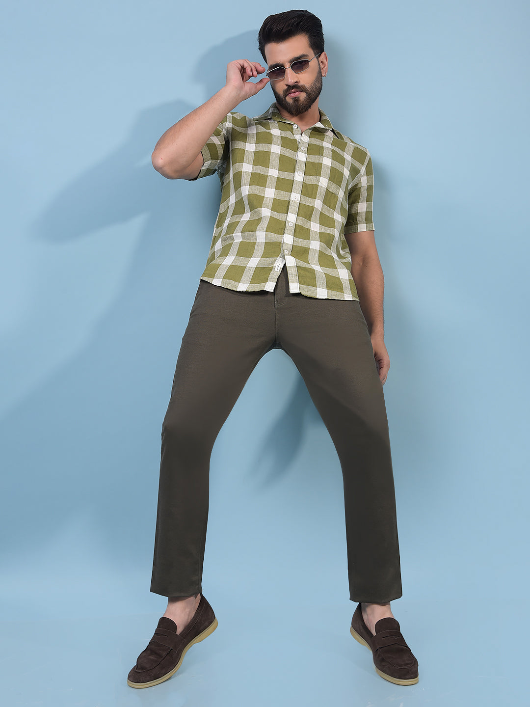 Men's Olive Checked 100% Linen Shirt-Men Shirts-Crimsoune Club