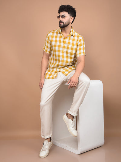 Mustard Checked Linen Shirt-Men Shirts-Crimsoune Club