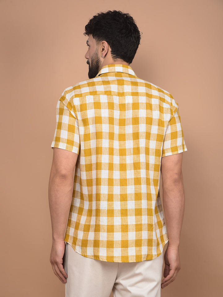 Mustard Checked Linen Shirt-Men Shirts-Crimsoune Club