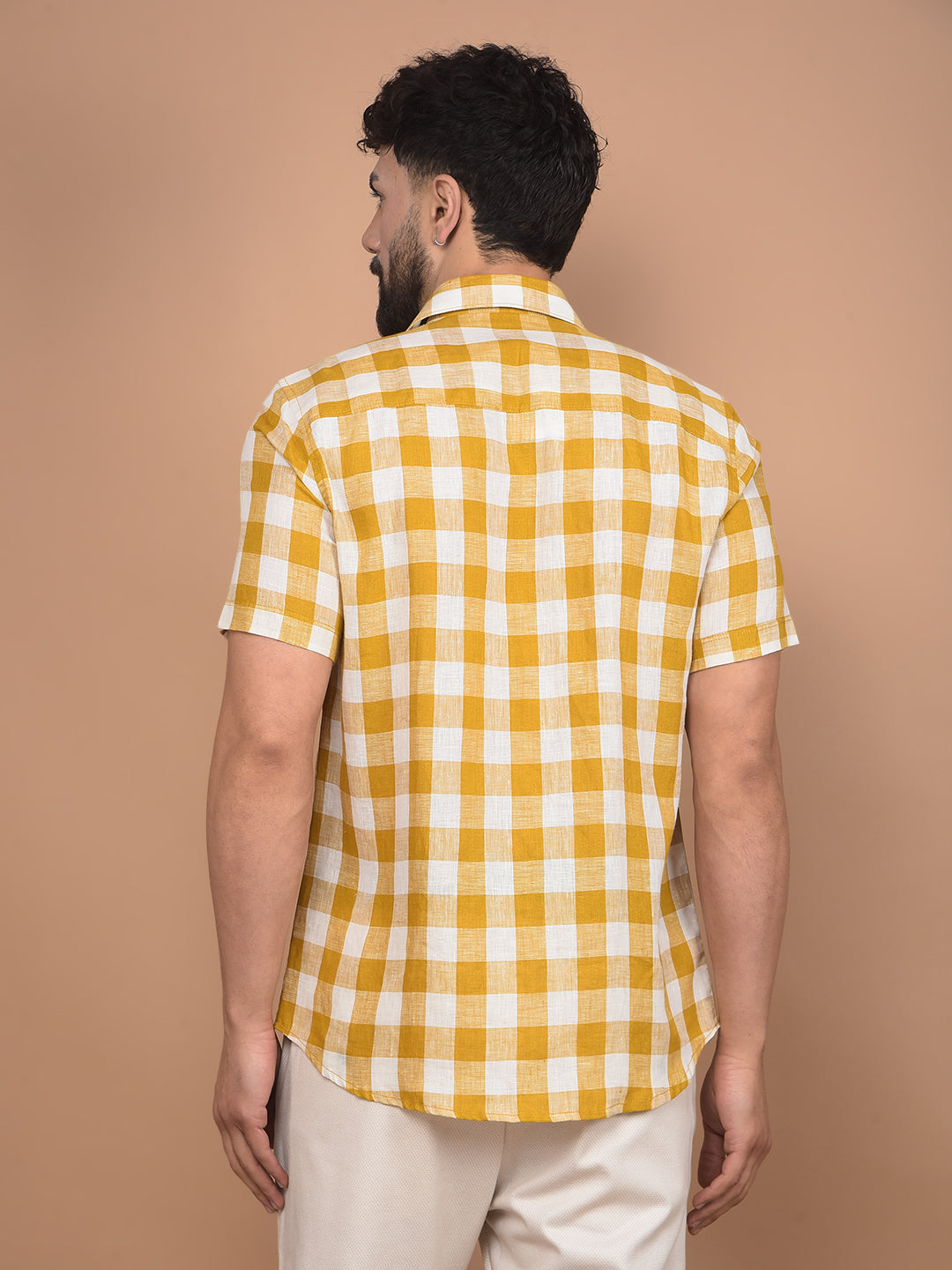 Mustard Checked Linen Shirt-Men Shirts-Crimsoune Club