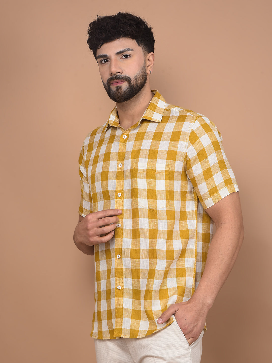 Mustard Checked Linen Shirt-Men Shirts-Crimsoune Club