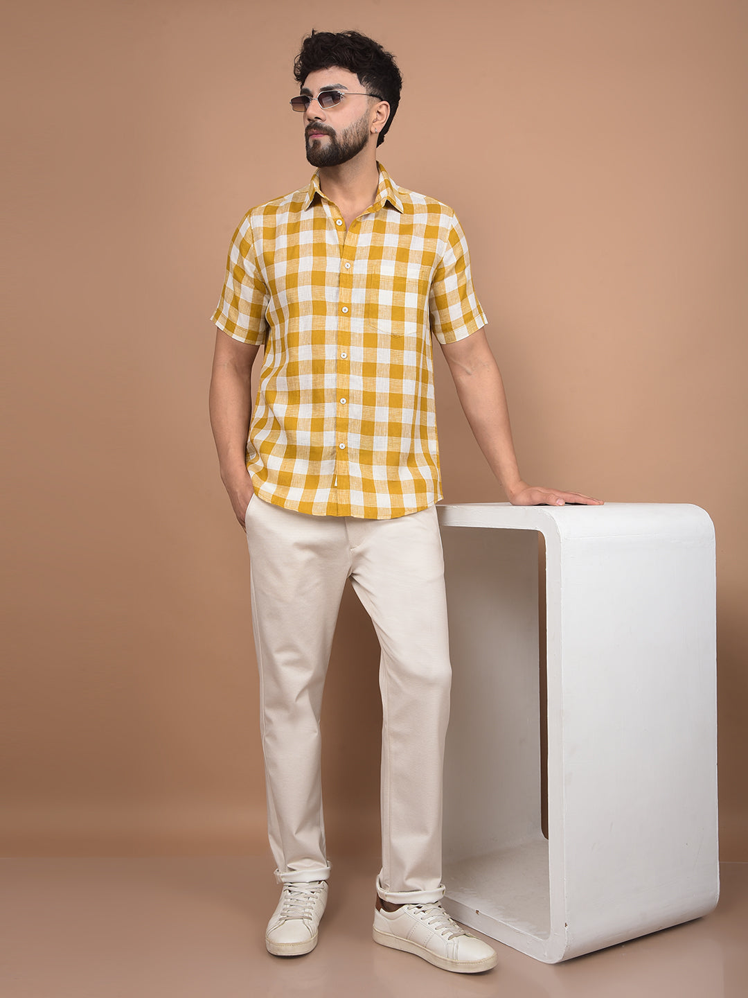 Mustard Checked Linen Shirt-Men Shirts-Crimsoune Club