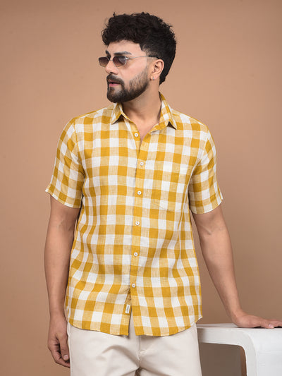 Mustard Checked Linen Shirt-Men Shirts-Crimsoune Club