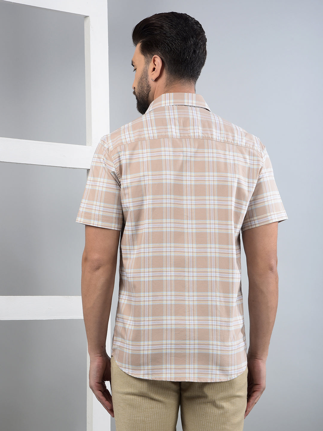 Khaki Checked 100% Cotton Shirt-Men Shirts-Crimsoune Club