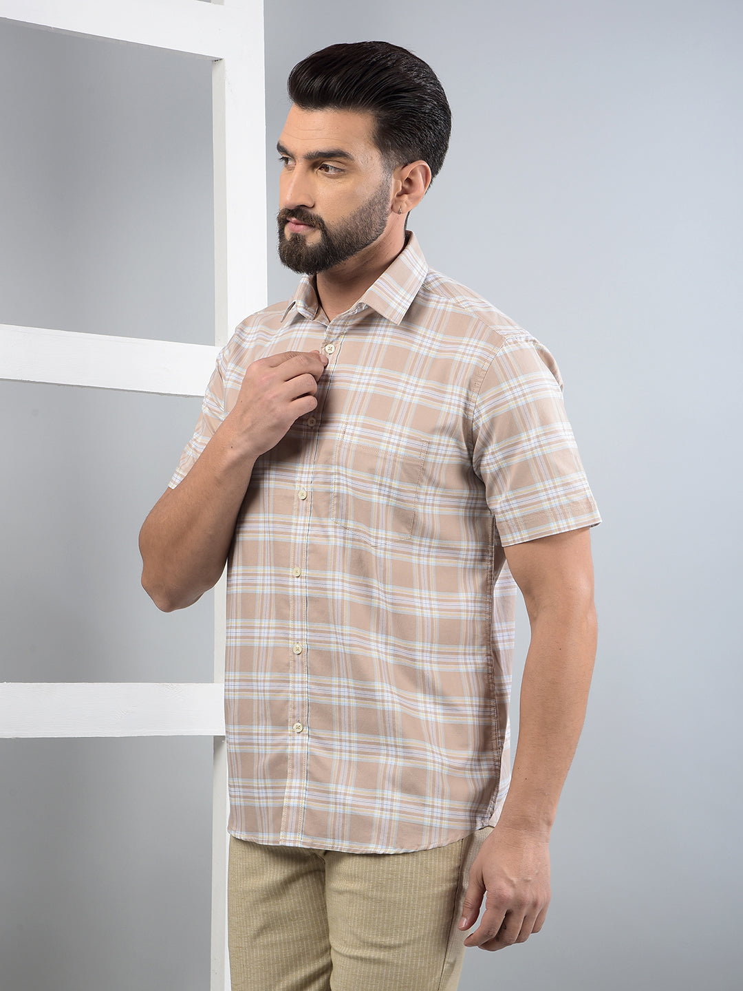 Khaki Checked 100% Cotton Shirt-Men Shirts-Crimsoune Club