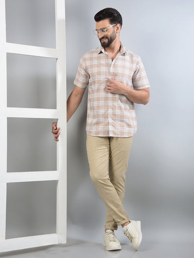 Khaki Checked 100% Cotton Shirt-Men Shirts-Crimsoune Club