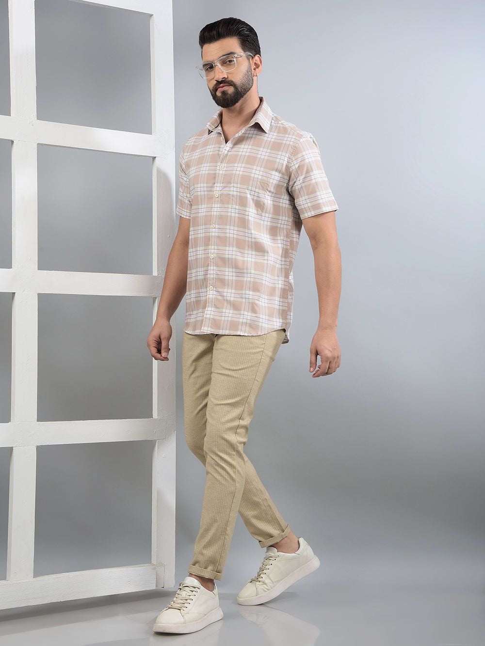 Khaki Checked 100% Cotton Shirt-Men Shirts-Crimsoune Club