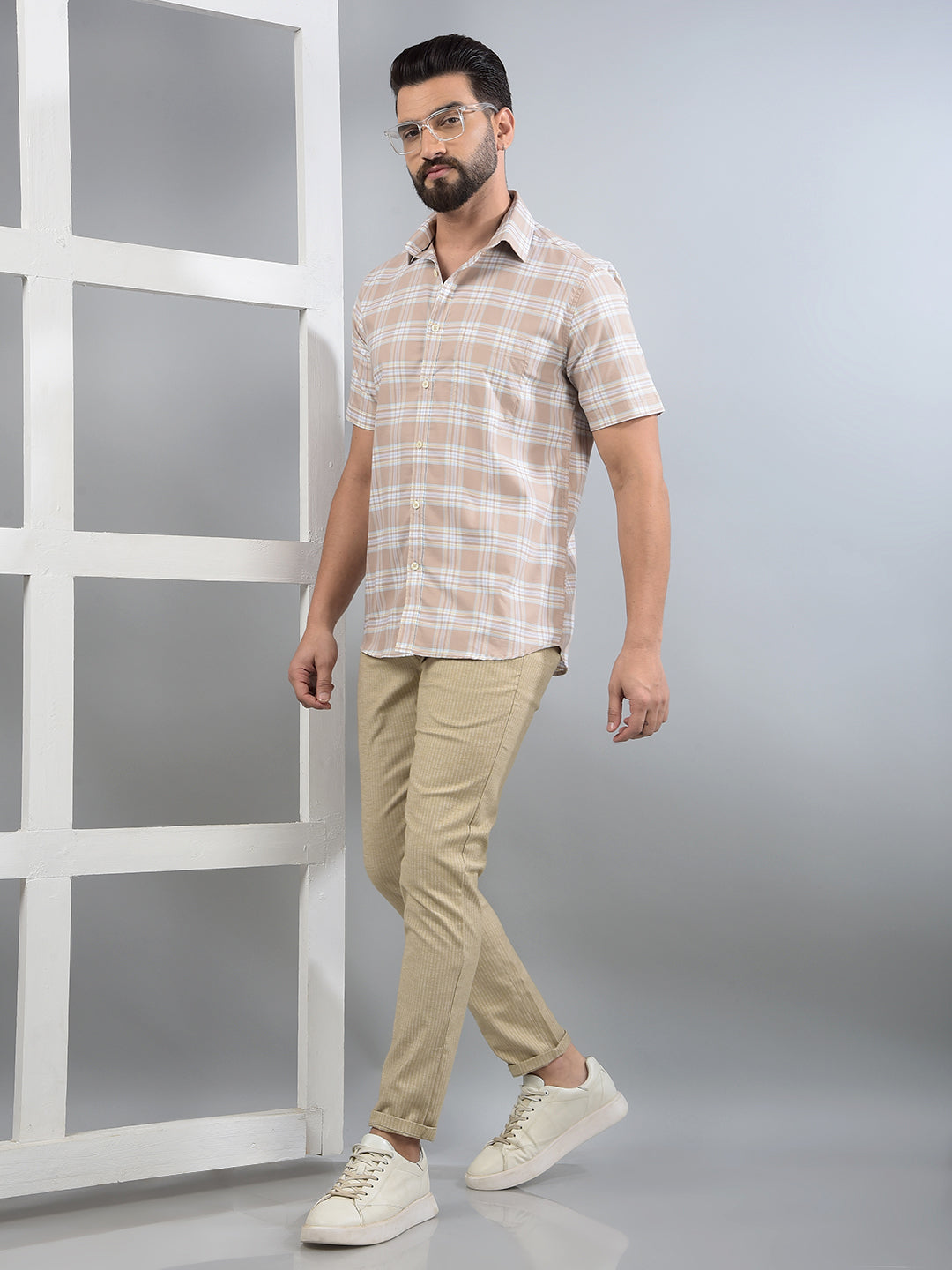 Khaki Checked 100% Cotton Shirt-Men Shirts-Crimsoune Club