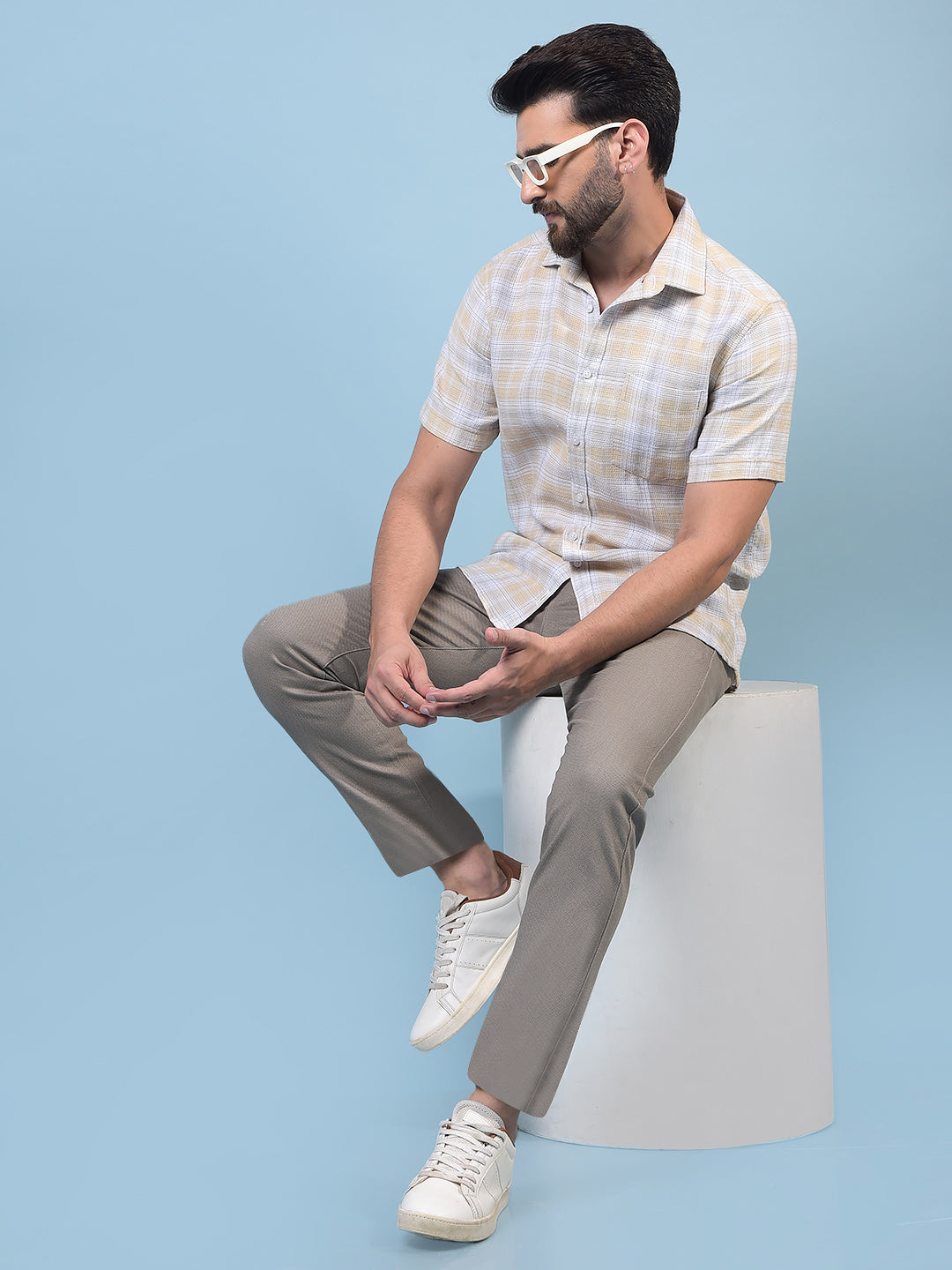 Men's Beige Checked 100% Cotton Shirt-Men Shirts-Crimsoune Club