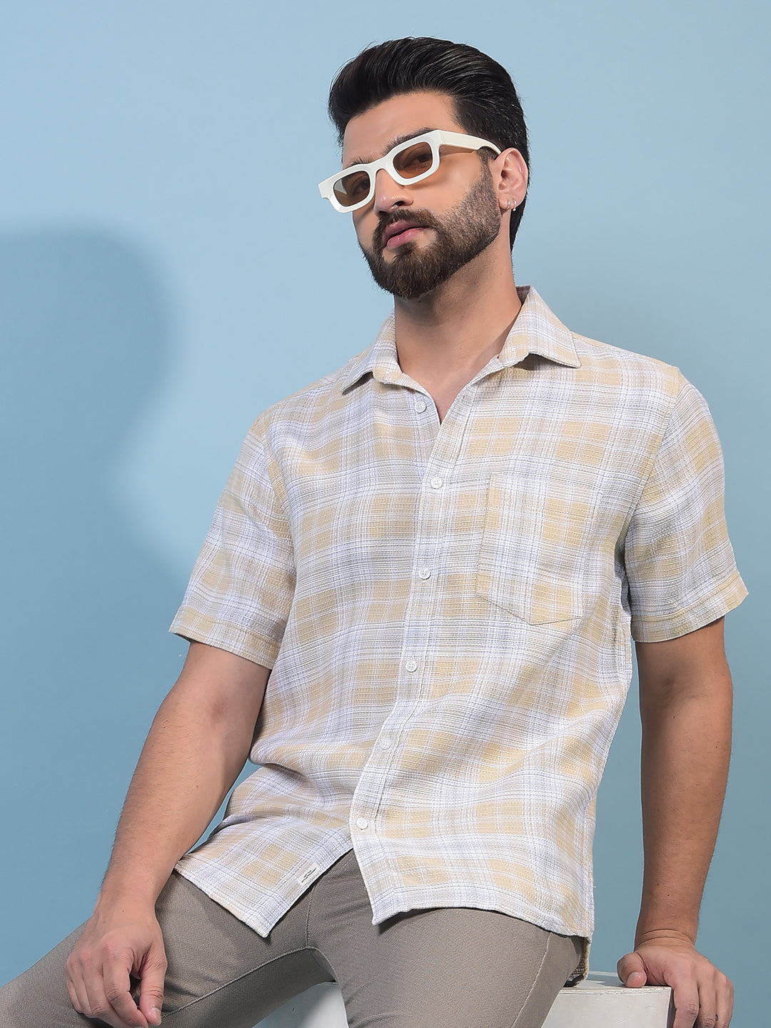 Men's Beige Checked 100% Cotton Shirt-Men Shirts-Crimsoune Club