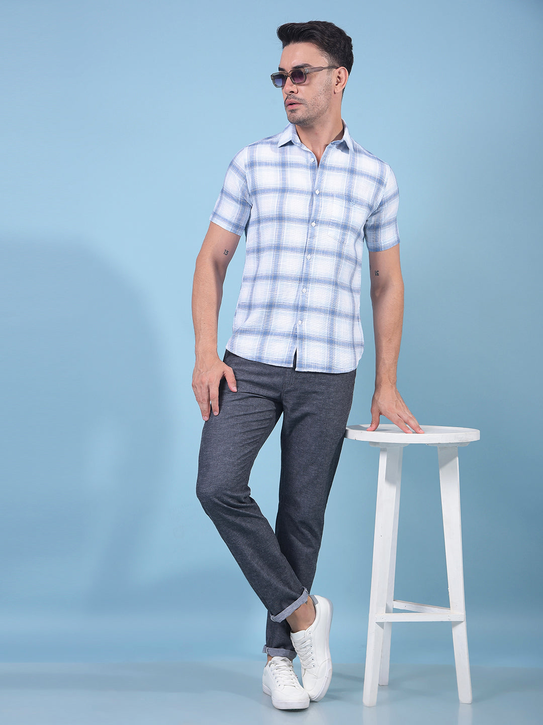 Blue Checked 100% Cotton Shirt-Men Shirts-Crimsoune Club