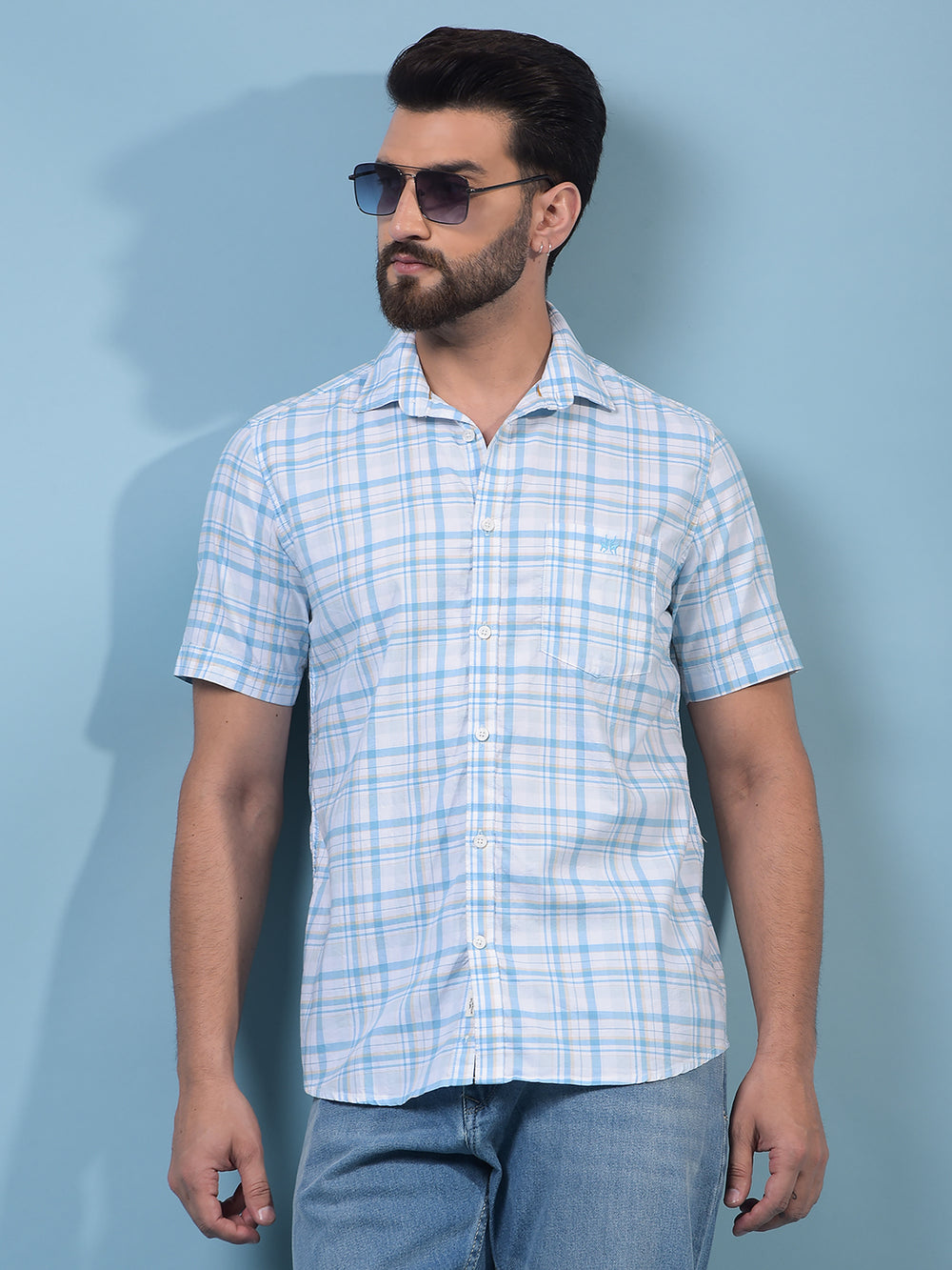Men's Blue Checked 100% Cotton Shirt-Men Shirts-Crimsoune Club