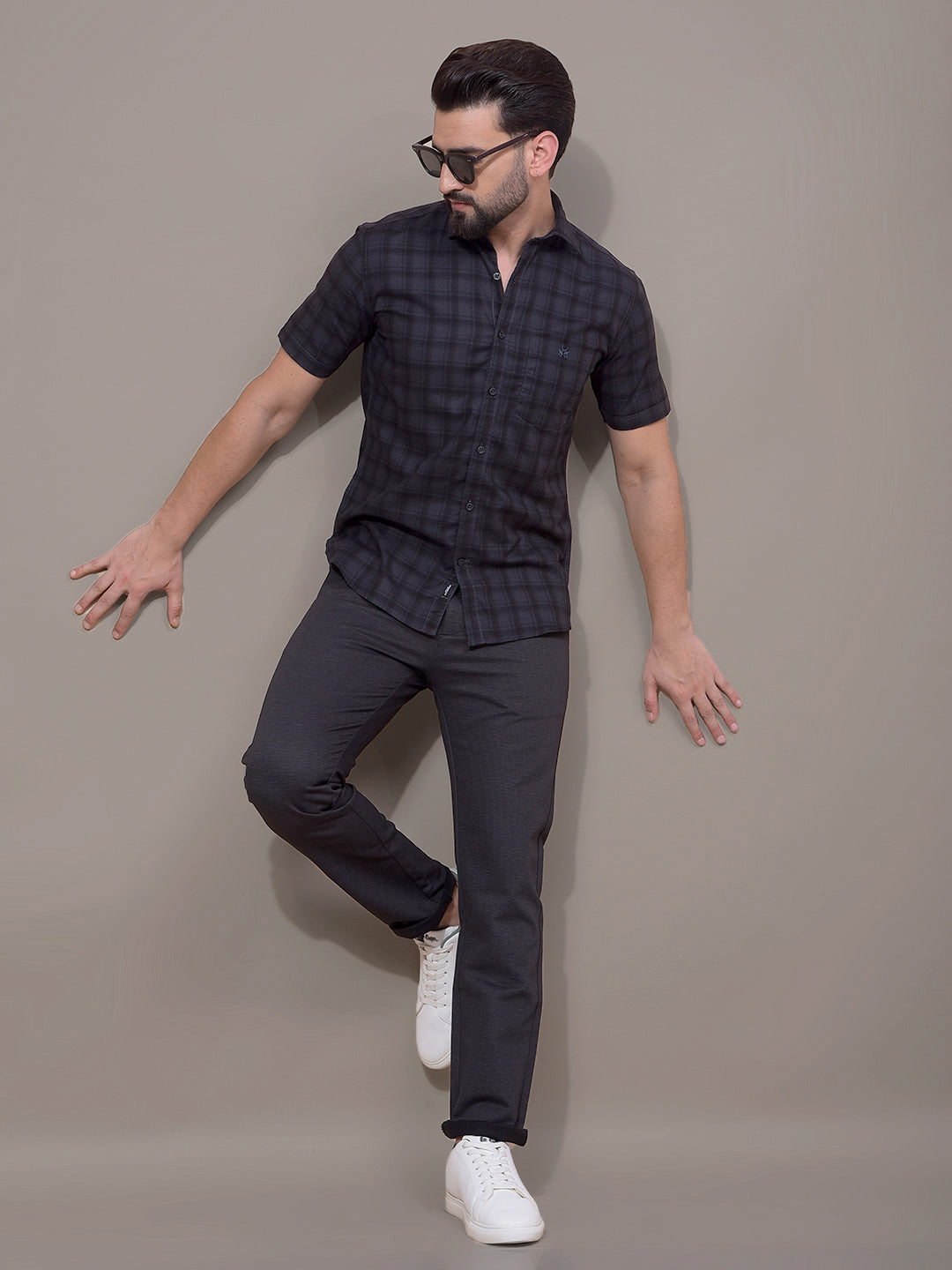 Navy Blue Checked 100% Cotton Shirt-Men Shirts-Crimsoune Club
