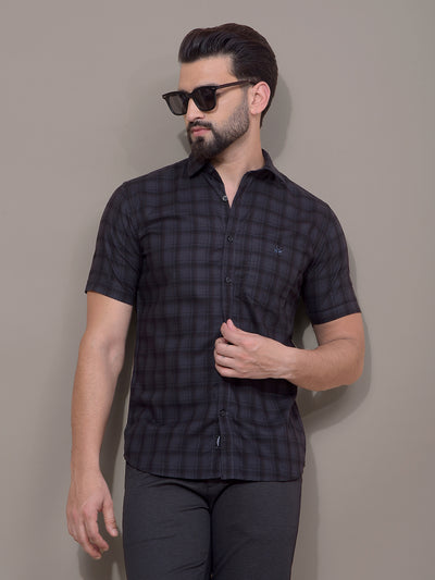 Navy Blue Checked 100% Cotton Shirt-Men Shirts-Crimsoune Club