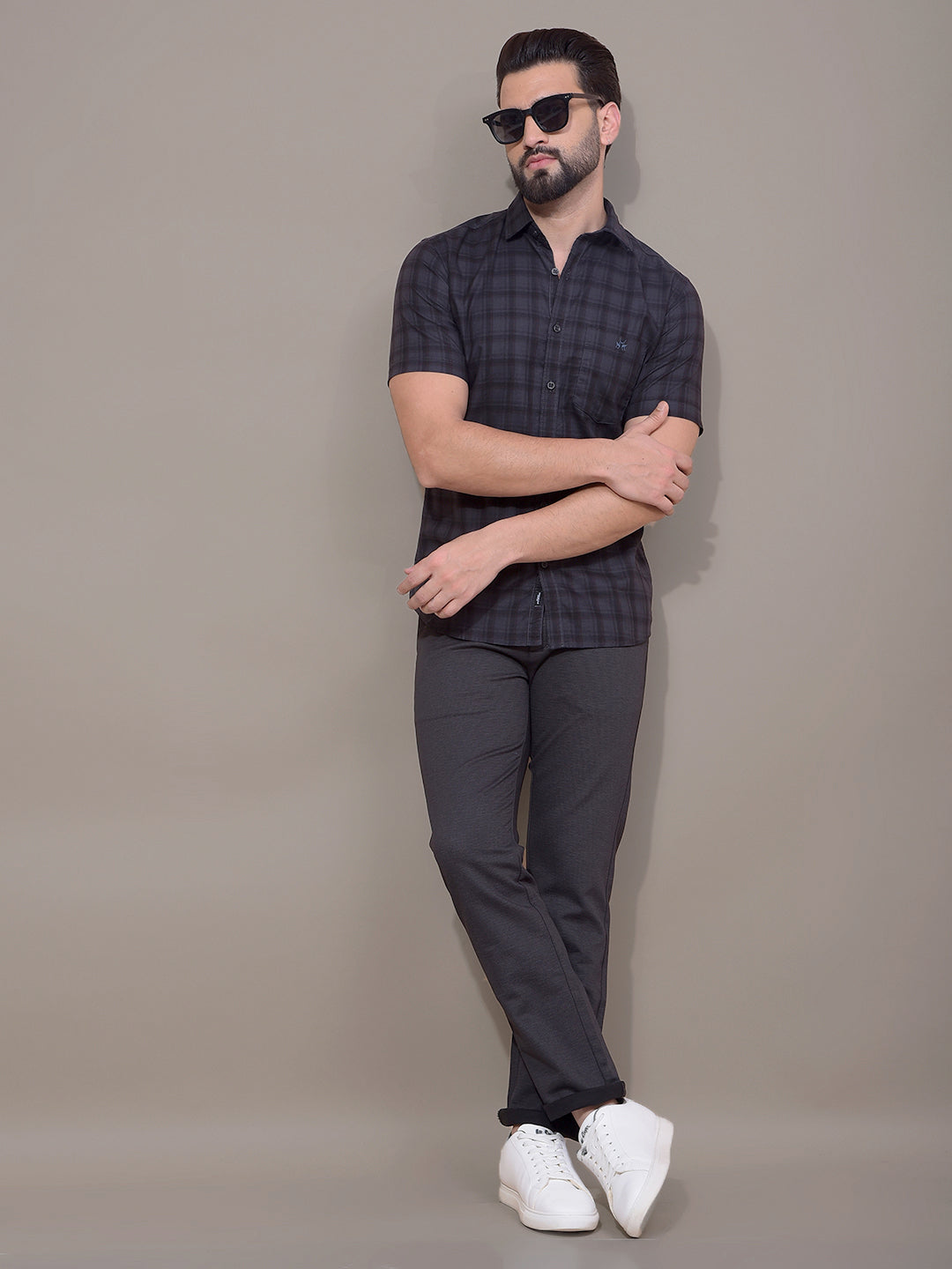 Navy Blue Checked 100% Cotton Shirt-Men Shirts-Crimsoune Club