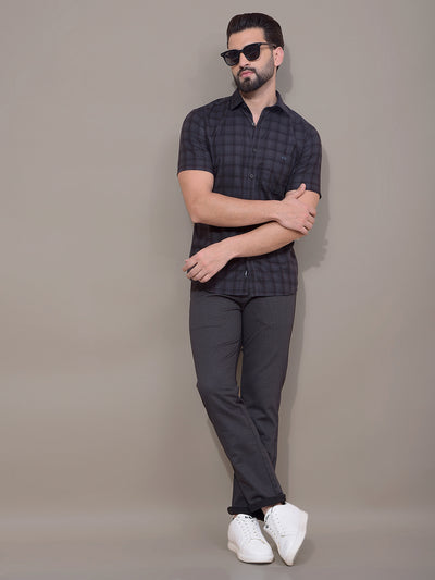 Navy Blue Checked 100% Cotton Shirt-Men Shirts-Crimsoune Club