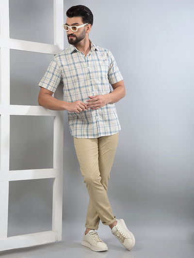 Beige Checked 100% Cotton Shirt-Men Shirts-Crimsoune Club
