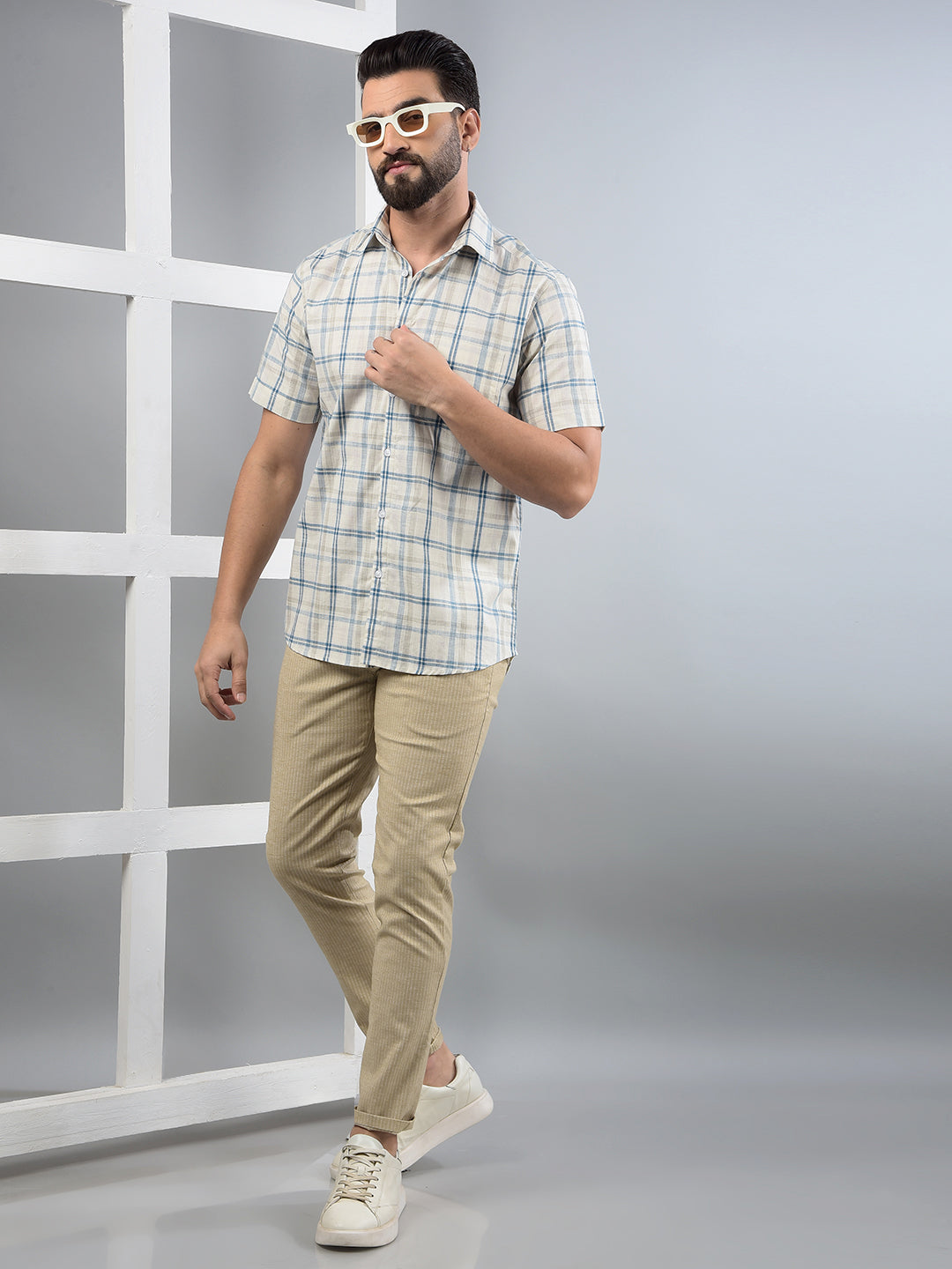 Beige Checked 100% Cotton Shirt-Men Shirts-Crimsoune Club