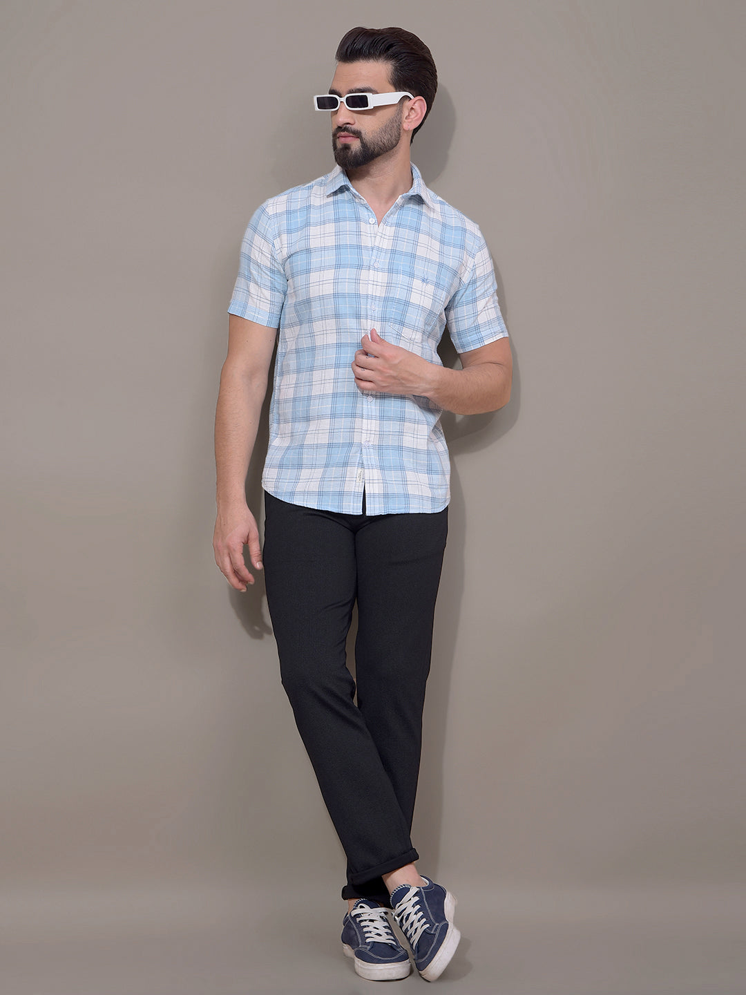 Blue Checked 100% Cotton Shirt-Men Shirts-Crimsoune Club