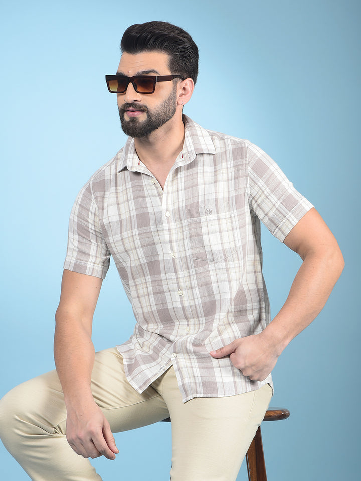 Khaki Checked 100% Cotton Shirt-Men Shirts-Crimsoune Club