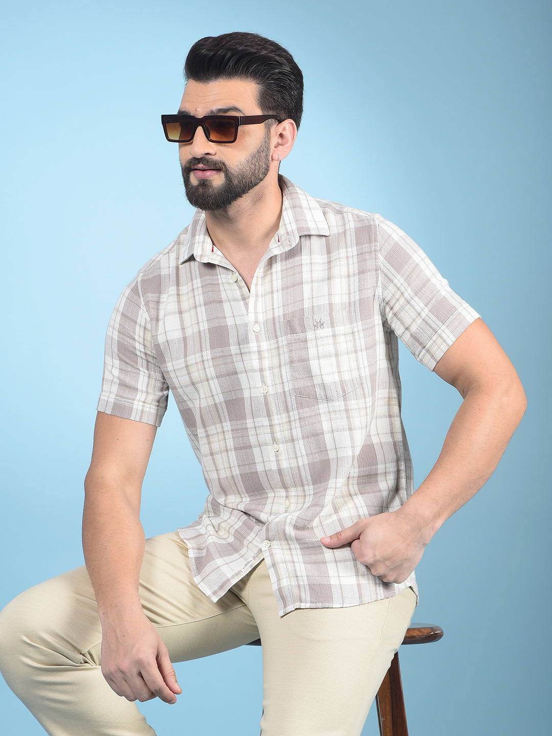 Khaki Checked 100% Cotton Shirt-Men Shirts-Crimsoune Club