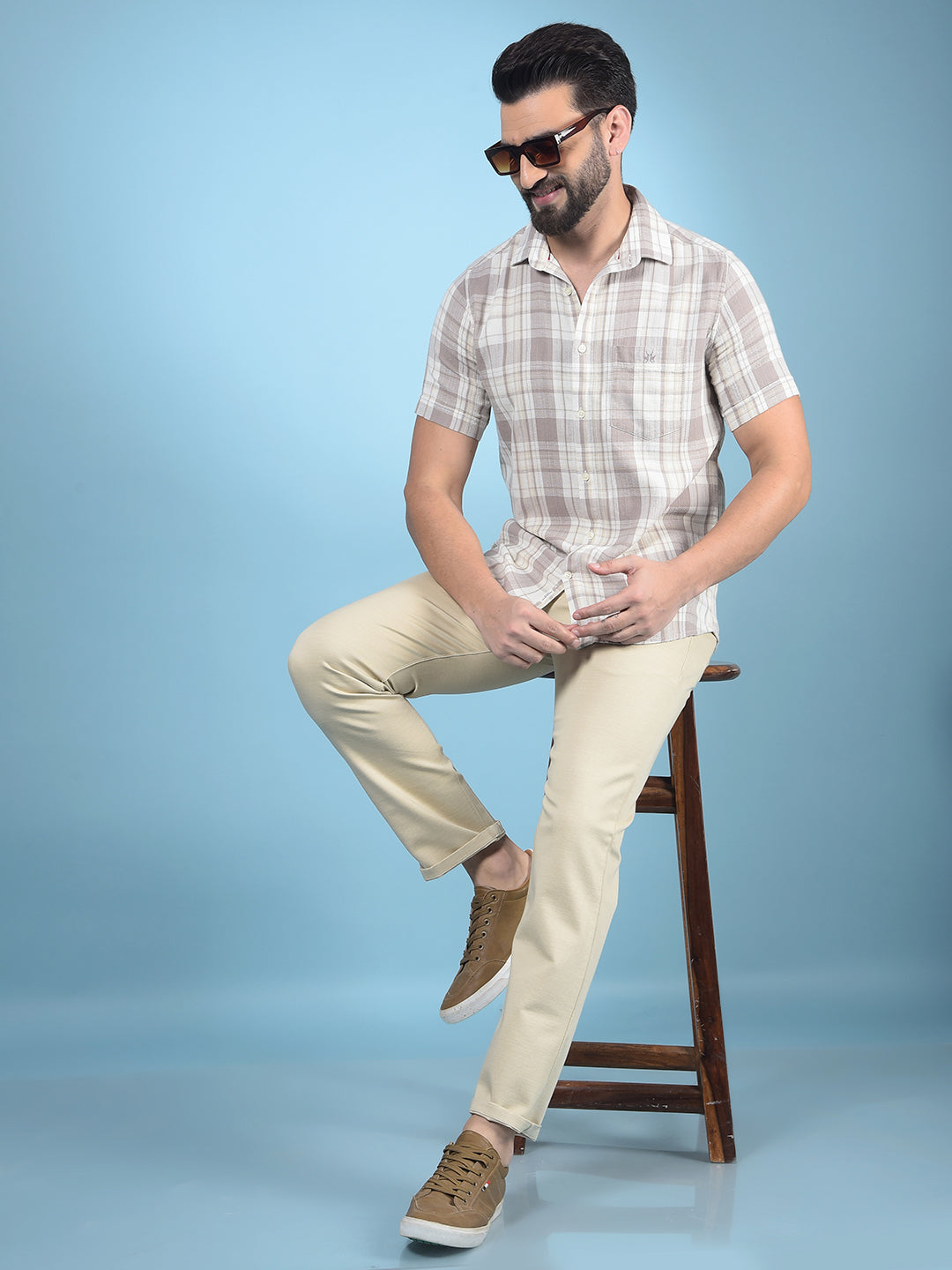 Khaki Checked 100% Cotton Shirt-Men Shirts-Crimsoune Club