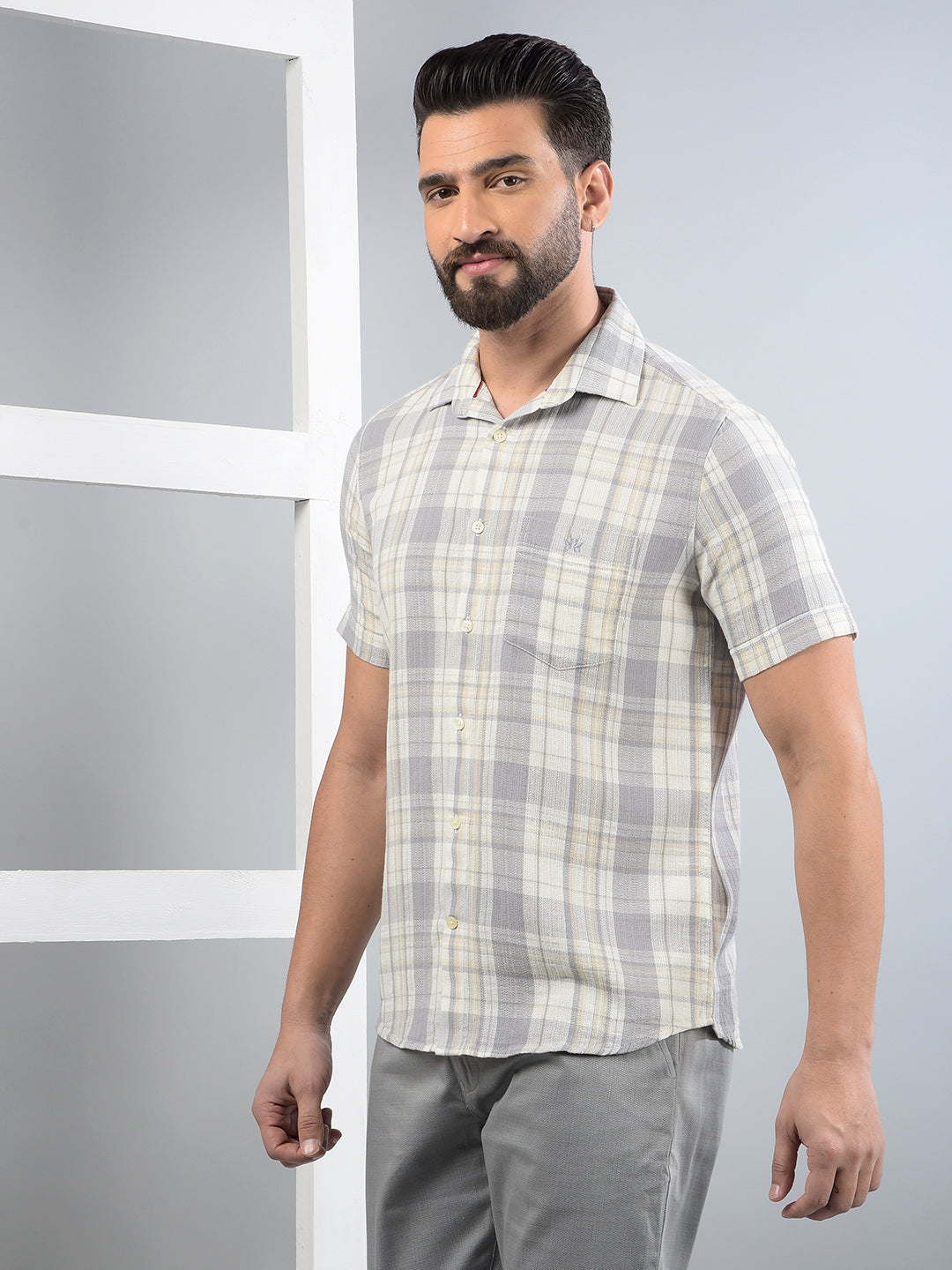 Grey Checked 100% Cotton Shirt-Men Shirts-Crimsoune Club