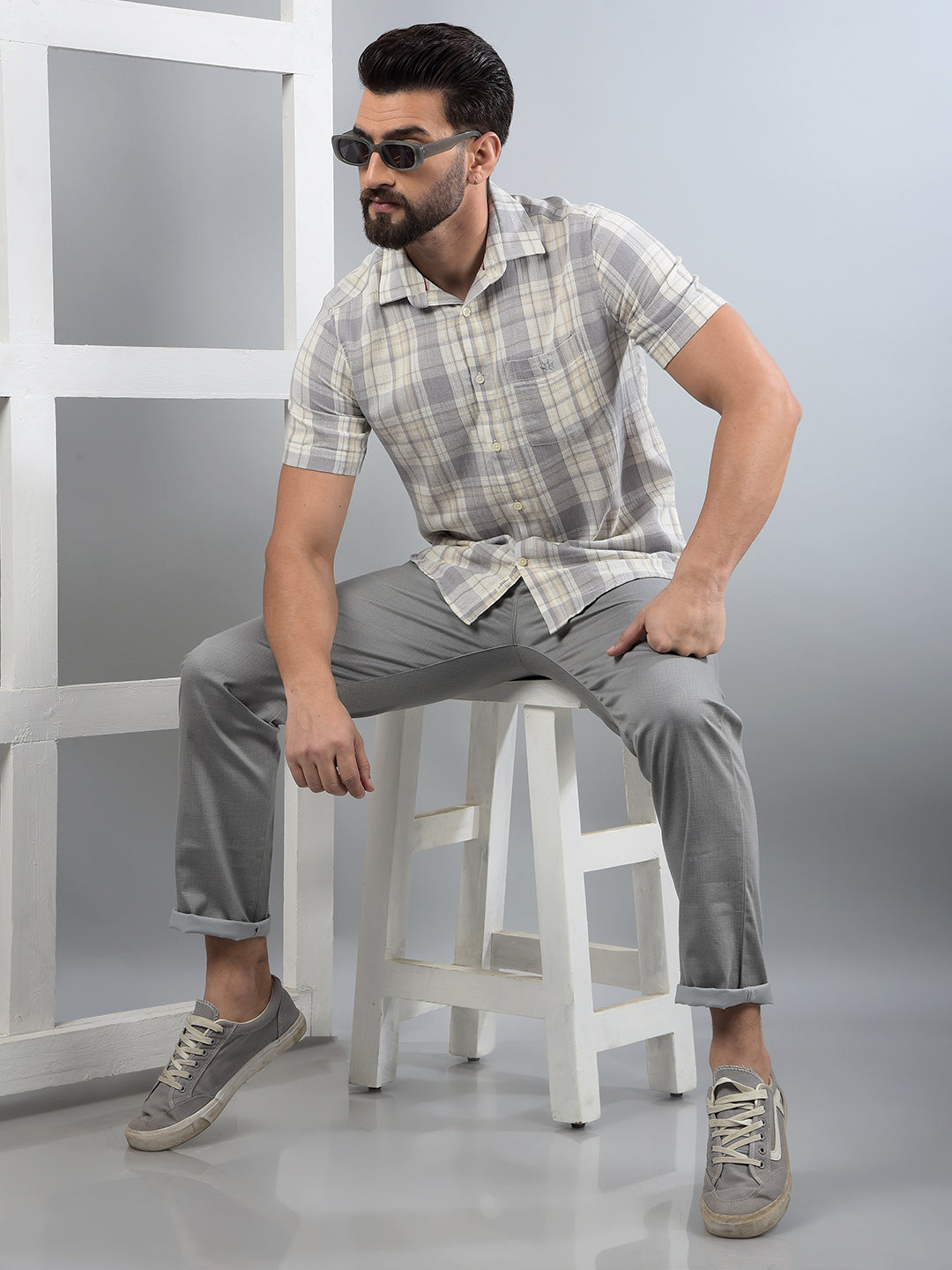 Grey Checked 100% Cotton Shirt-Men Shirts-Crimsoune Club
