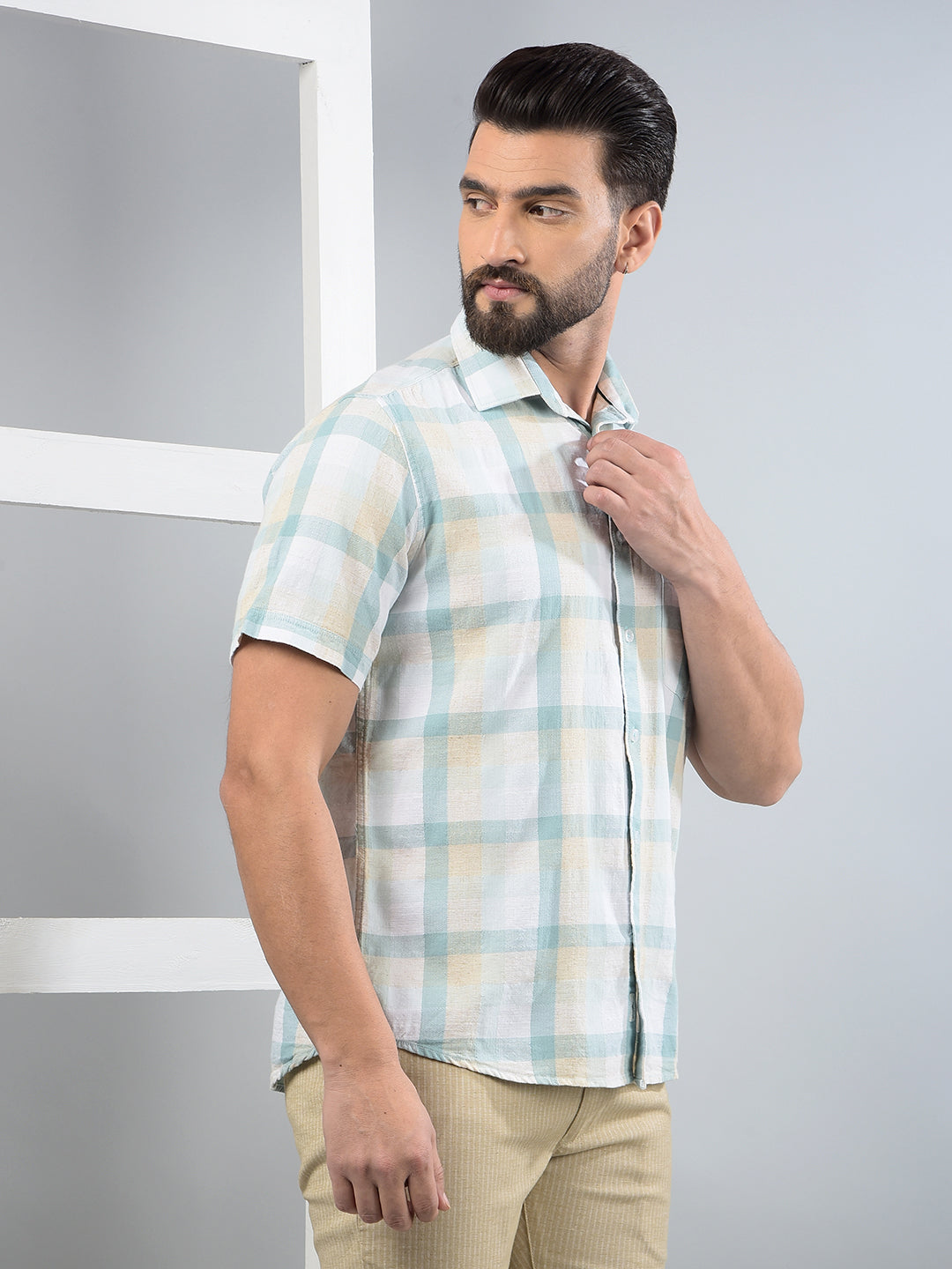 Blue Checked Linen Shirt-Men Shirts-Crimsoune Club