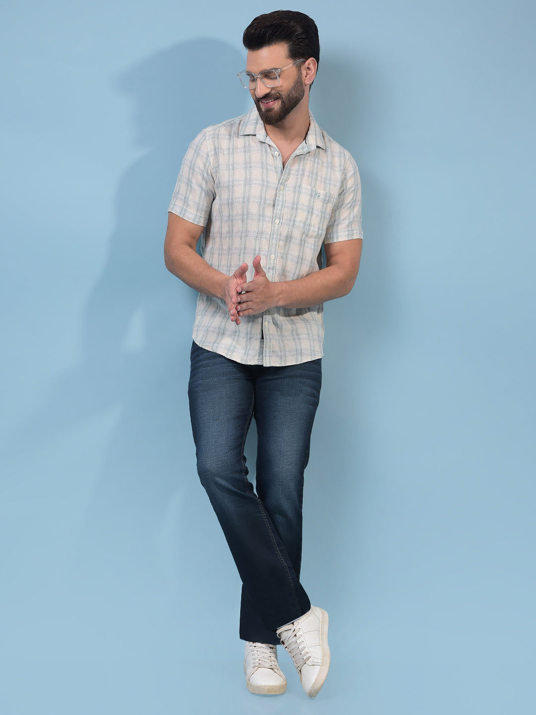 Men's Green Checked Linen Shirt-Men Shirts-Crimsoune Club