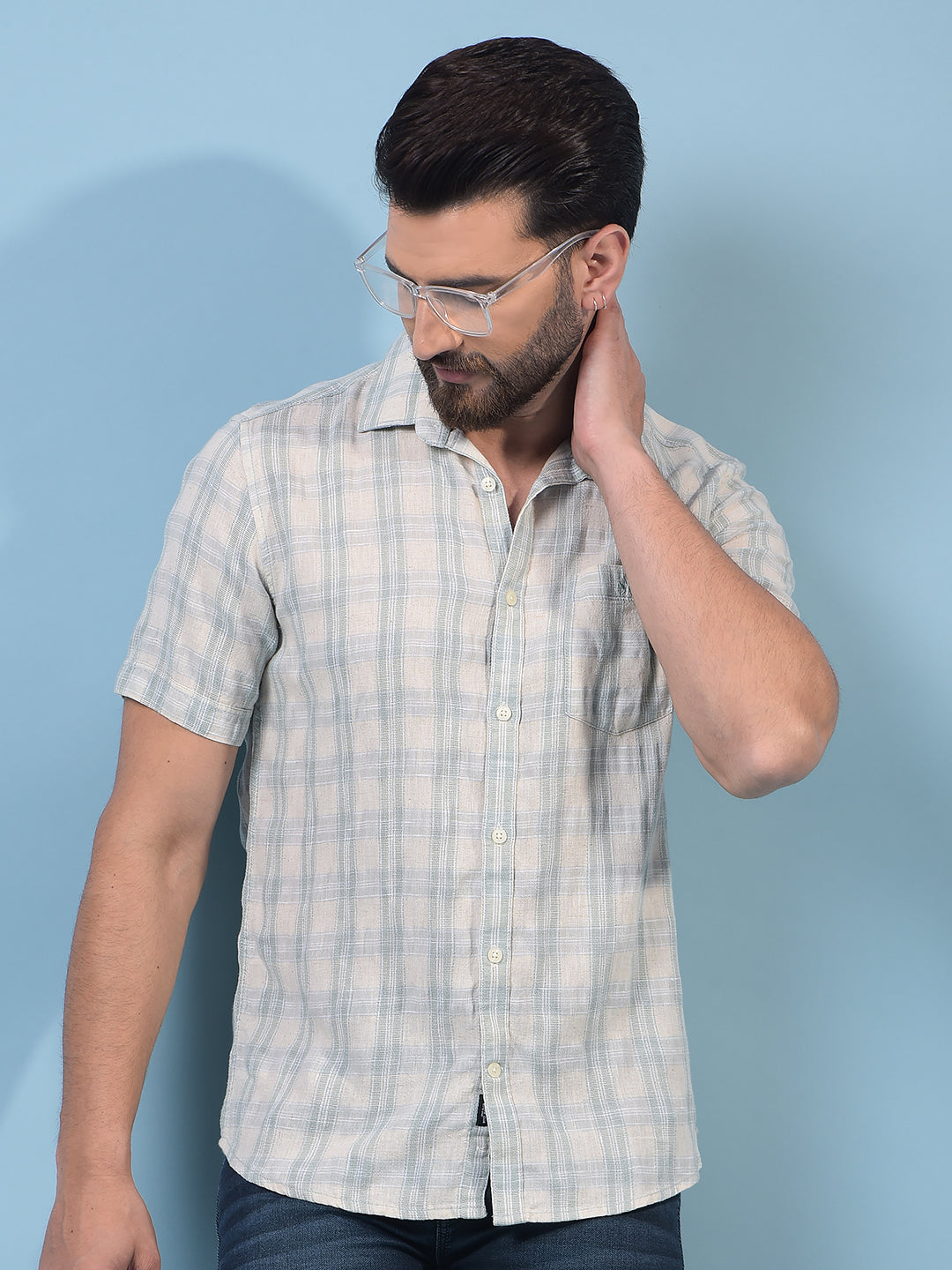 Men's Green Checked Linen Shirt-Men Shirts-Crimsoune Club