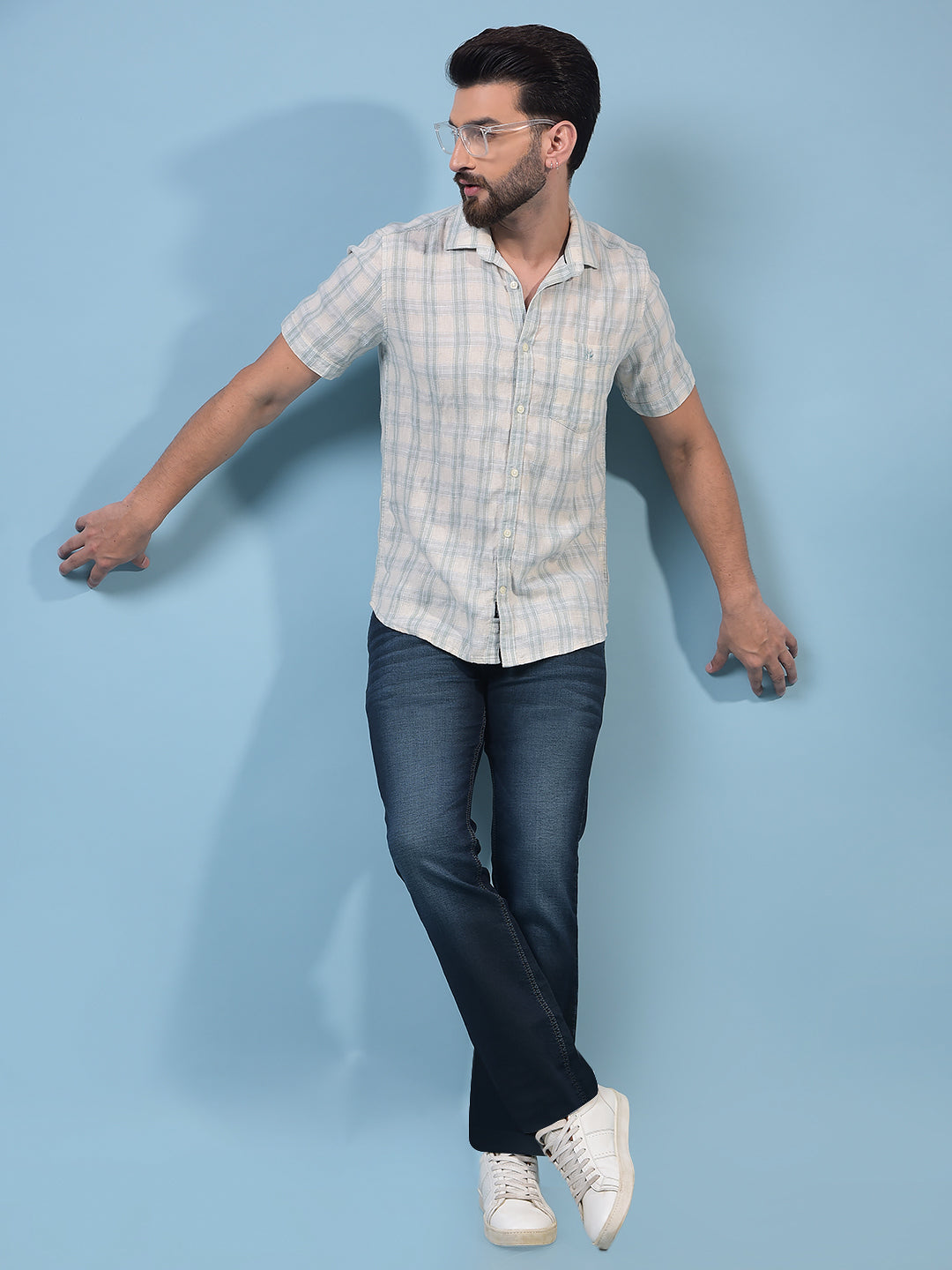Men's Green Checked Linen Shirt-Men Shirts-Crimsoune Club
