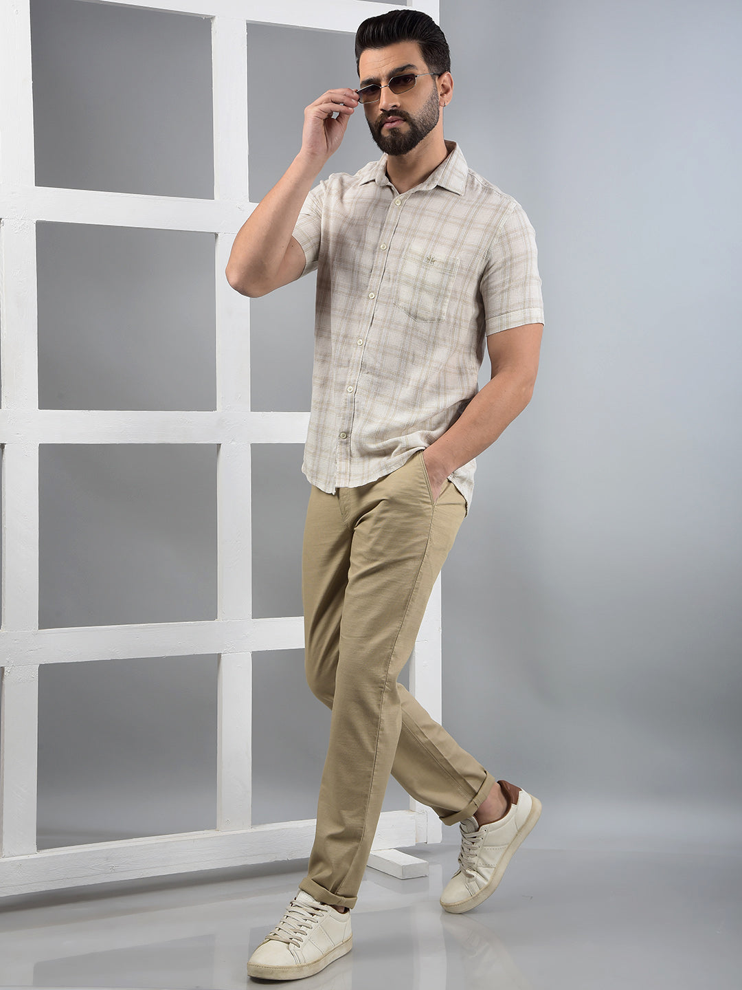 Beige Checked Linen Shirt-Men Shirts-Crimsoune Club