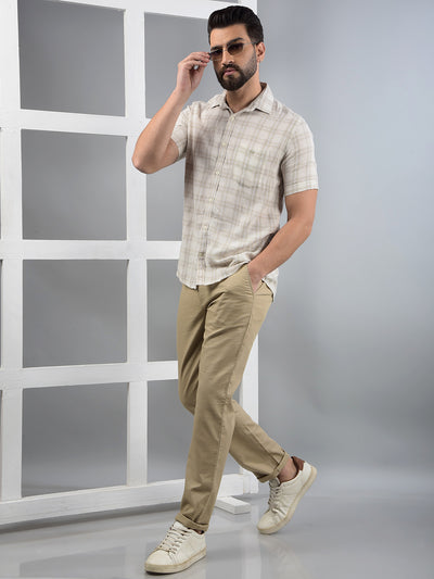 Beige Checked Linen Shirt-Men Shirts-Crimsoune Club
