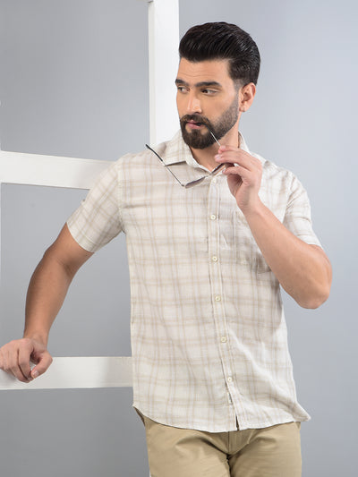 Beige Checked Linen Shirt-Men Shirts-Crimsoune Club