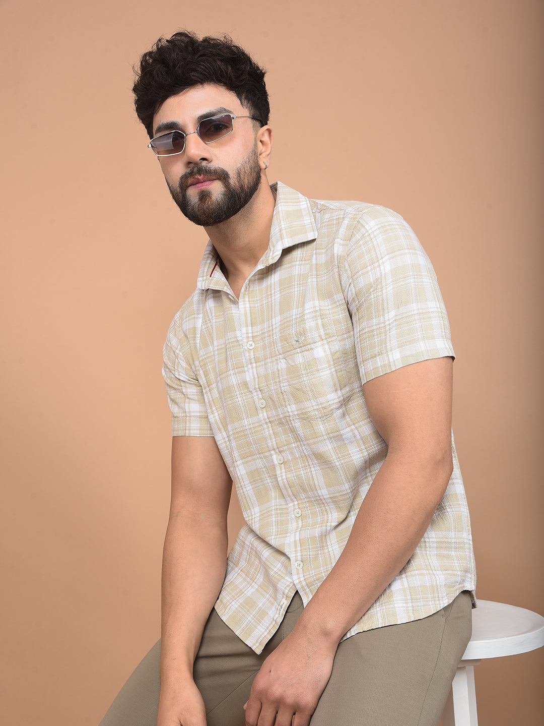 Yellow Checked 100% Cotton Shirt-Men Shirts-Crimsoune Club