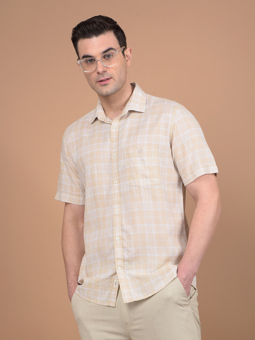 Beige Checked Linen Shirt-Men Shirts-Crimsoune Club