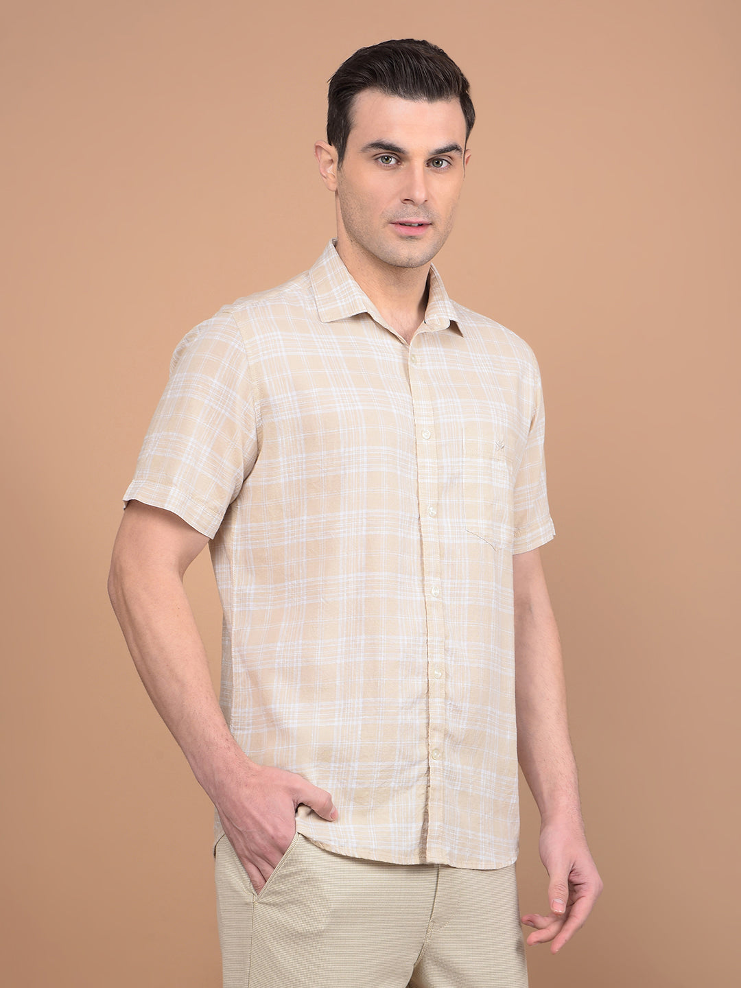 Beige Checked Linen Shirt-Men Shirts-Crimsoune Club