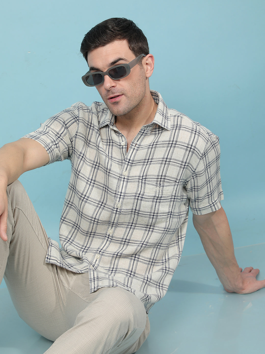 Beige Checked Linen Shirt-Men Shirts-Crimsoune Club