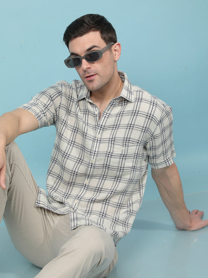Beige Checked Linen Shirt-Men Shirts-Crimsoune Club