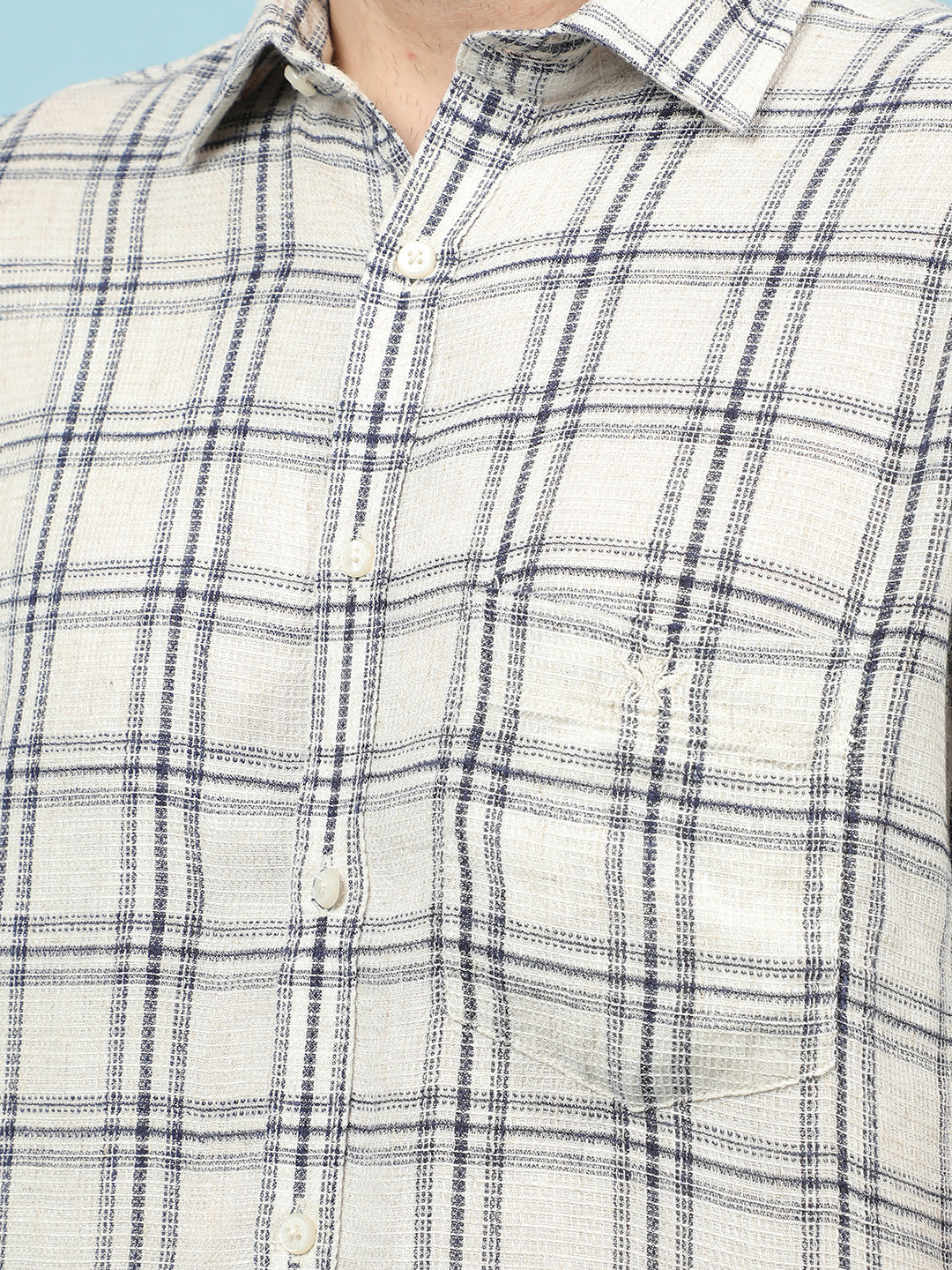 Beige Checked Linen Shirt-Men Shirts-Crimsoune Club