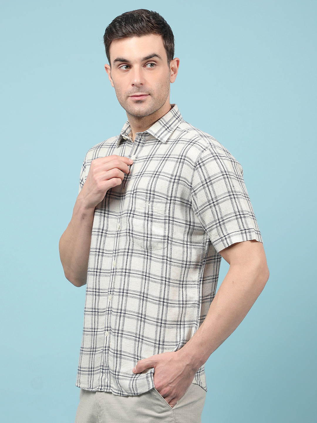 Beige Checked Linen Shirt-Men Shirts-Crimsoune Club