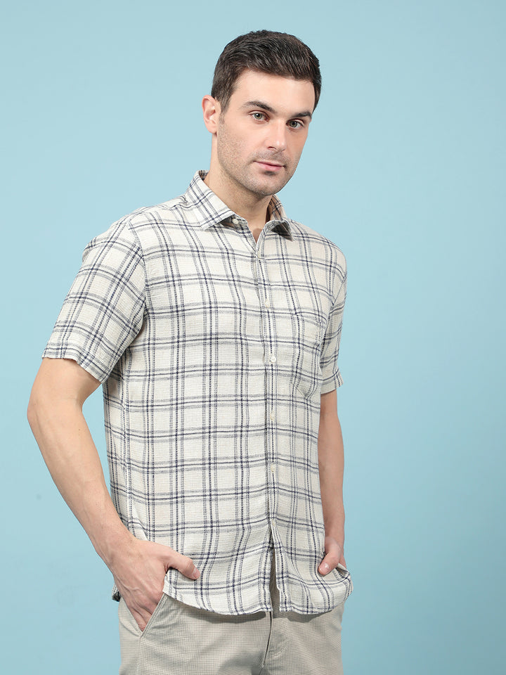 Beige Checked Linen Shirt-Men Shirts-Crimsoune Club