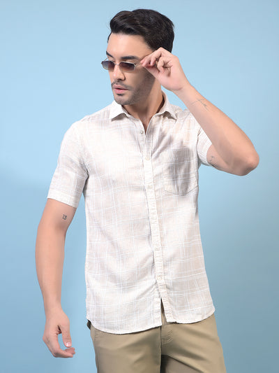 Men's Beige Checked Linen Shirt-Men Shirts-Crimsoune Club